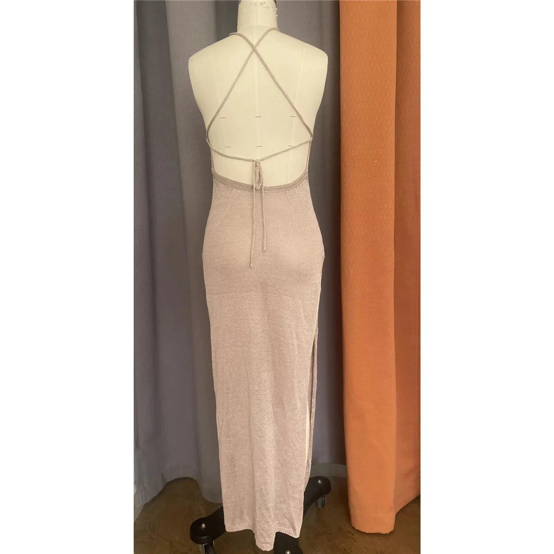 Crochet Knitted Tunic Beach Cover Up See-through Slit Halter Slip Long Dress for Women 2024 Summer Maxi Beachdress