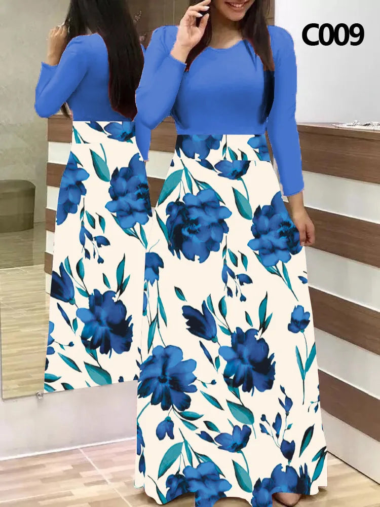 Elegant Women's Long Dress Flower Retro Printed Patchwork Long Sleeve Banquet Maxi Robe S-5XL