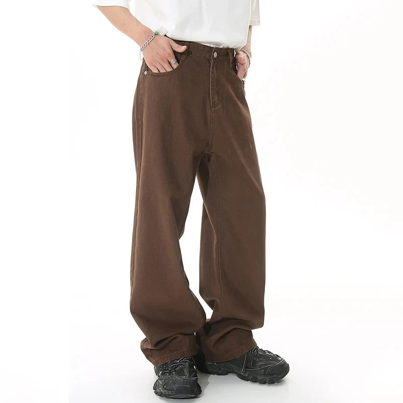 2024 Men Popular High Waist Straight Leg Jeans Male Simple Draping Wide Leg Denim Pants Brand Green Coffee Street Denim Trousers