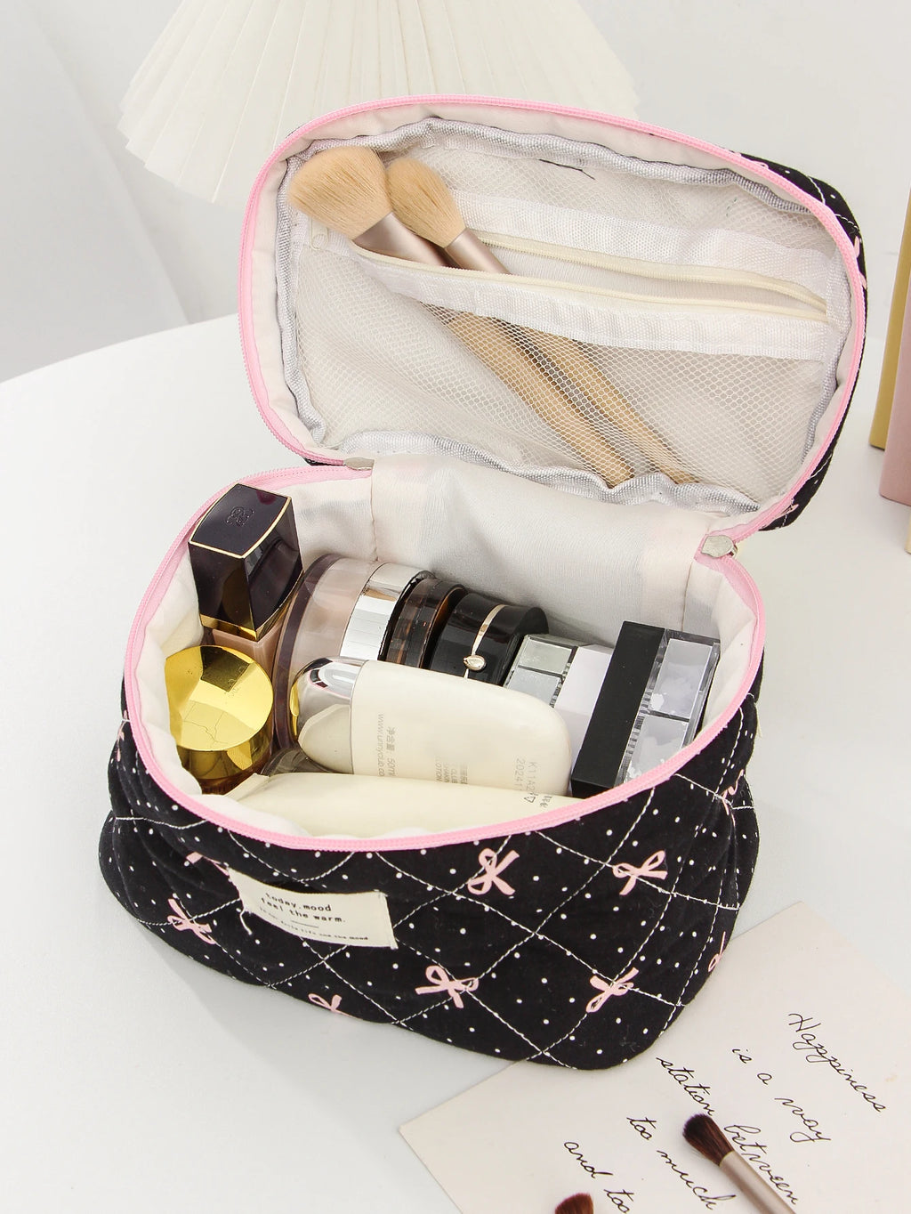 1pc/set Bow Quilted Makeup Bag, Multifunctional Portable Makeup Bag, Holiday Gift Makeup Bag, Travel Essential Makeup Bag