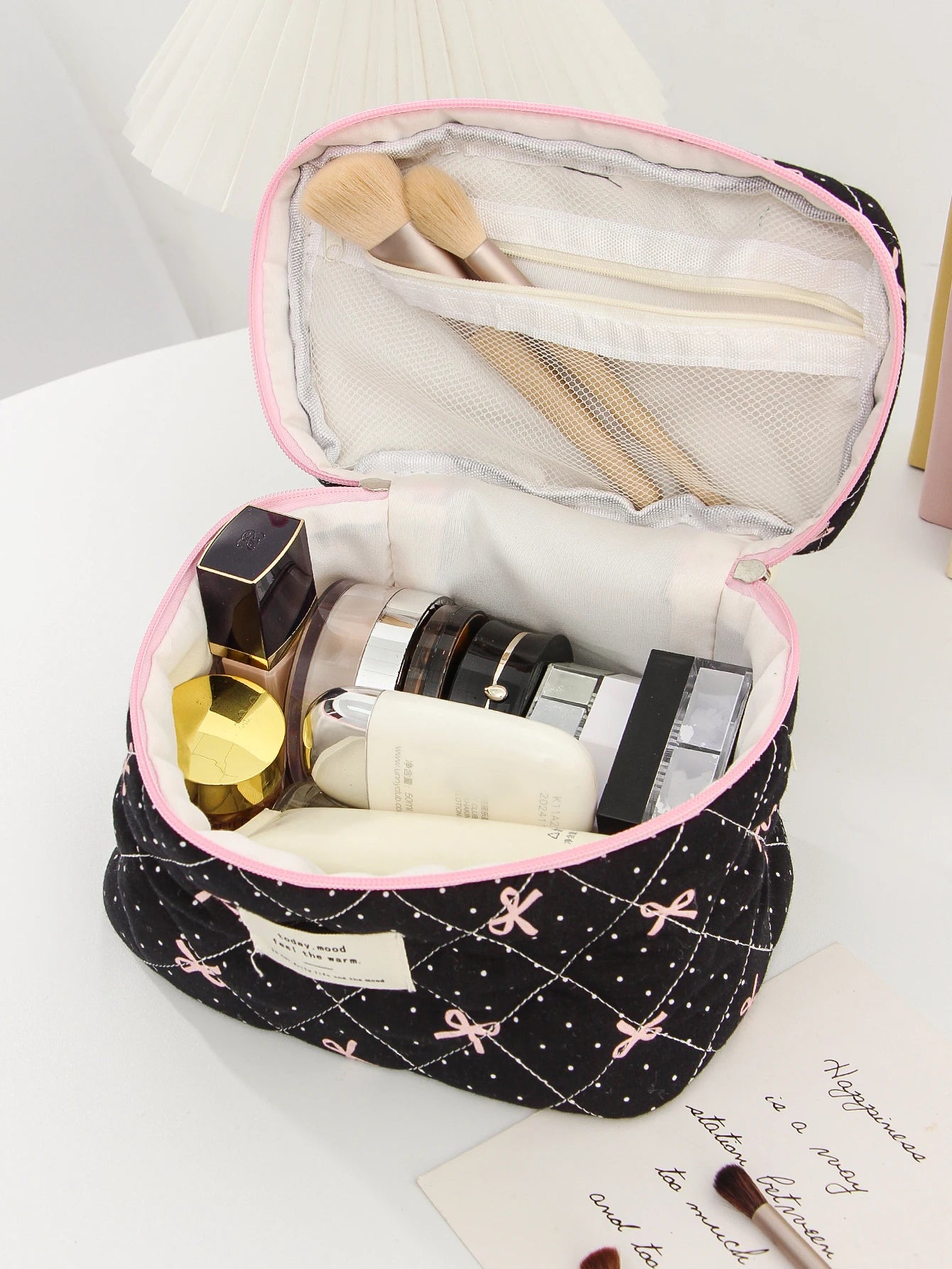 1pc/set Bow Quilted Makeup Bag, Multifunctional Portable Makeup Bag, Holiday Gift Makeup Bag, Travel Essential Makeup Bag