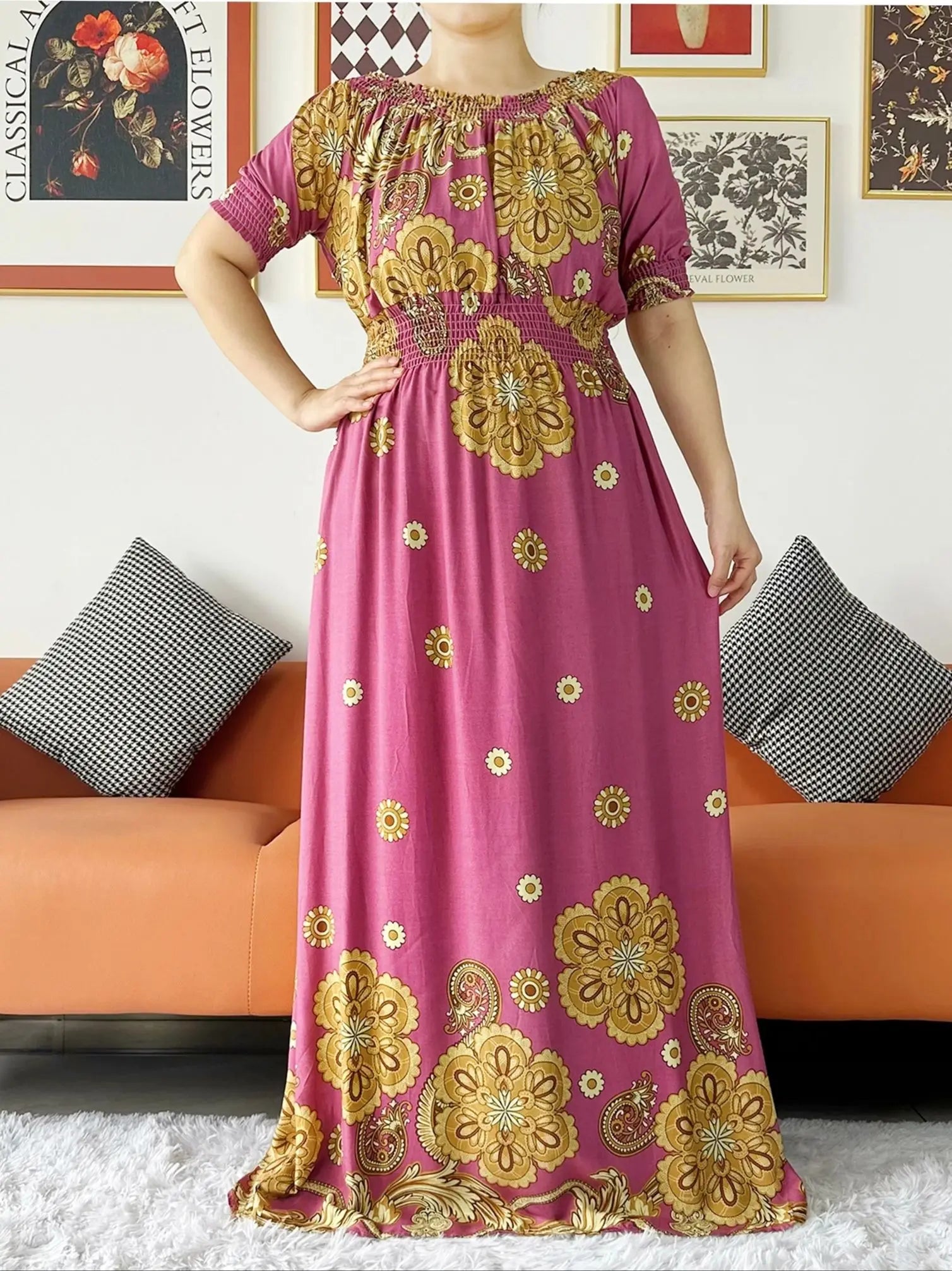 Women Party Dress Muslim Summer Short Sleeve Long Dress Collect Waist Floral Boubou Maxi Islam Women Dress African Abaya Clothes