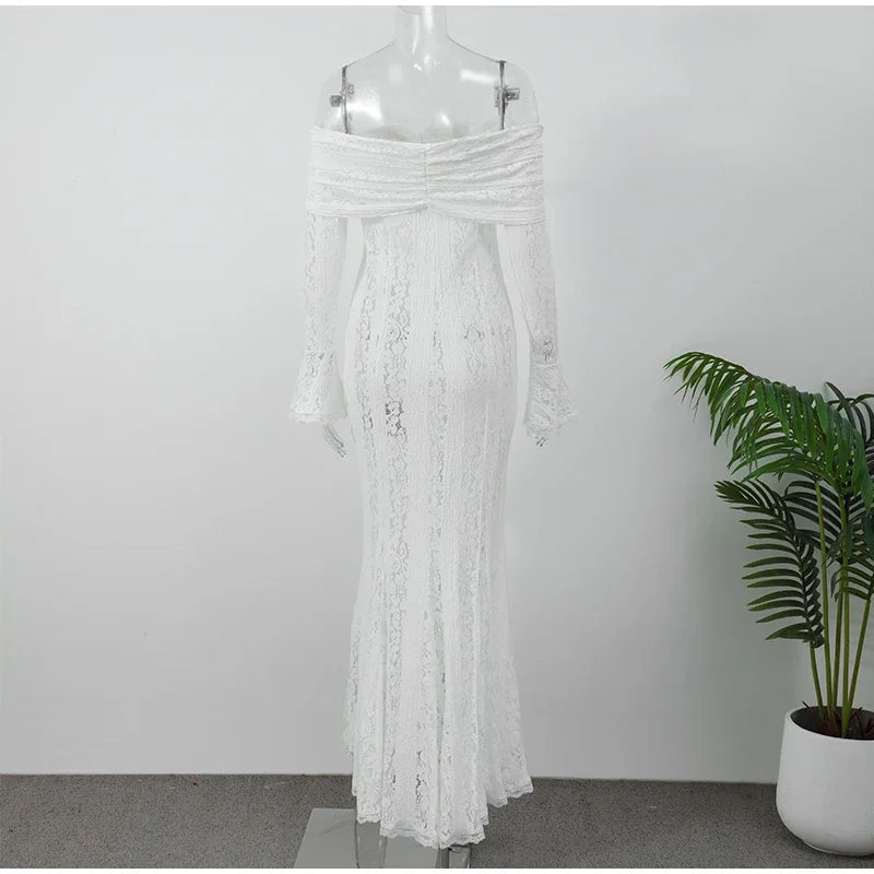 Sexy Women Hollow Out Slash Neck Lace Flared Sleeve Long Dress Elegant Laced Up Slim Fit Robes New Lady Evening Party Vestidos