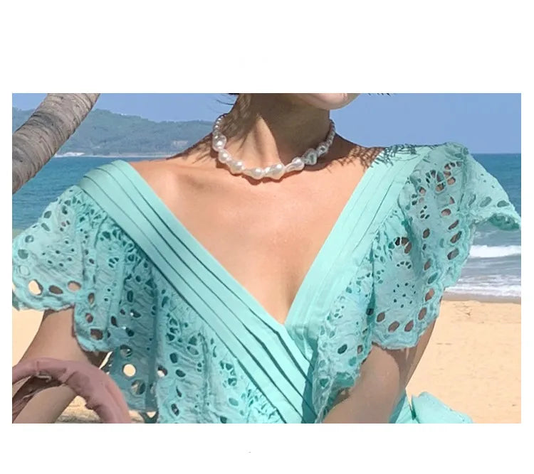SMTHMA High Quality Hollow Out Embroidery Long Dress Women Sexy Deep V-Neck Ruffle Elegant Summer Dresses Female Clothing