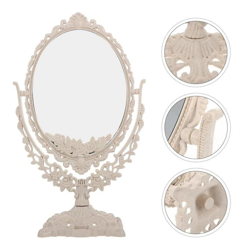 Vintage European Style Makeup Mirror Oval Shaped Cosmetic Mirror 360 Degree Rotating Swivel Desktop Vanity Mirror Home Decor