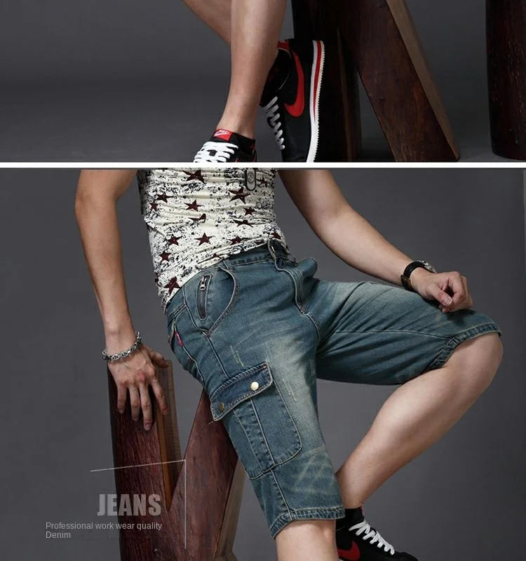 Summer Fashion Denim Jeans for Men Designer Knee Length Shorts Capri Loose Straight Leg Slim Casual Punk Workwear Cargo Shorts