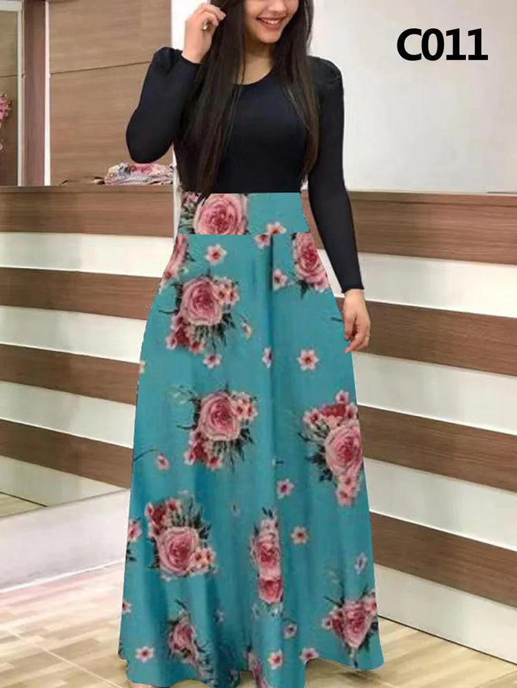 Elegant Women's Long Dress Flower Retro Printed Patchwork Long Sleeve Banquet Maxi Robe S-5XL