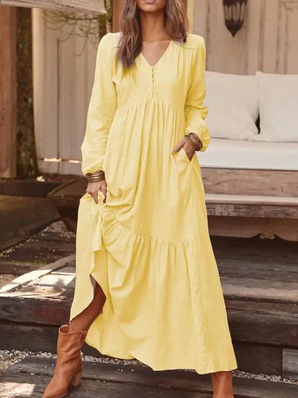 Dresses For Women Long Dress 2023 New Loose Fashion V-Neck Casual Solid Long Sleeve A-Line Sexy Dresses Elegant Ruffles Vestido