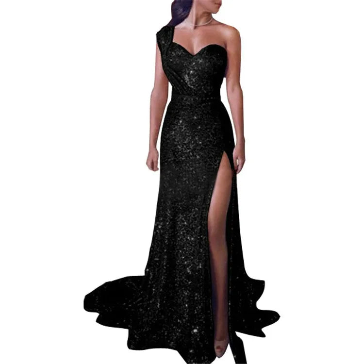 Explosive European and American women's sexy one-shoulder sleeveless gold hot dress slit long dress