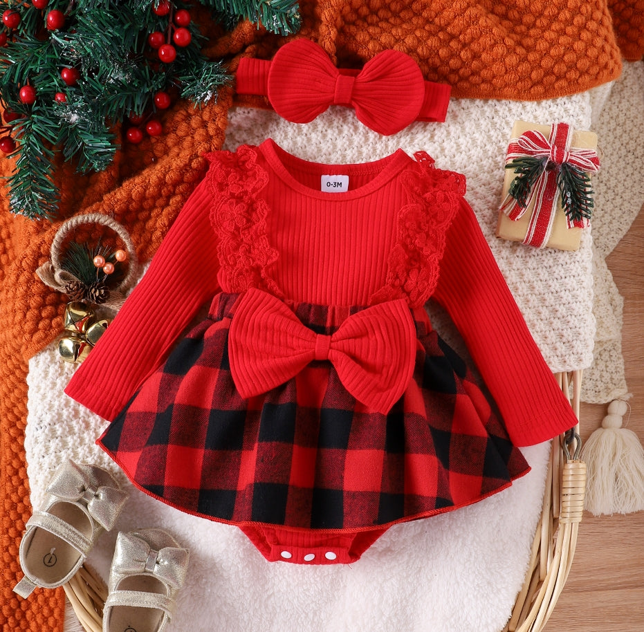 Newborn Baby Girl Christmas Romper Dress Ruffle Long Sleeve Plaid Jumpsuit Skirts Hem Bodysuit with Headband Outfit