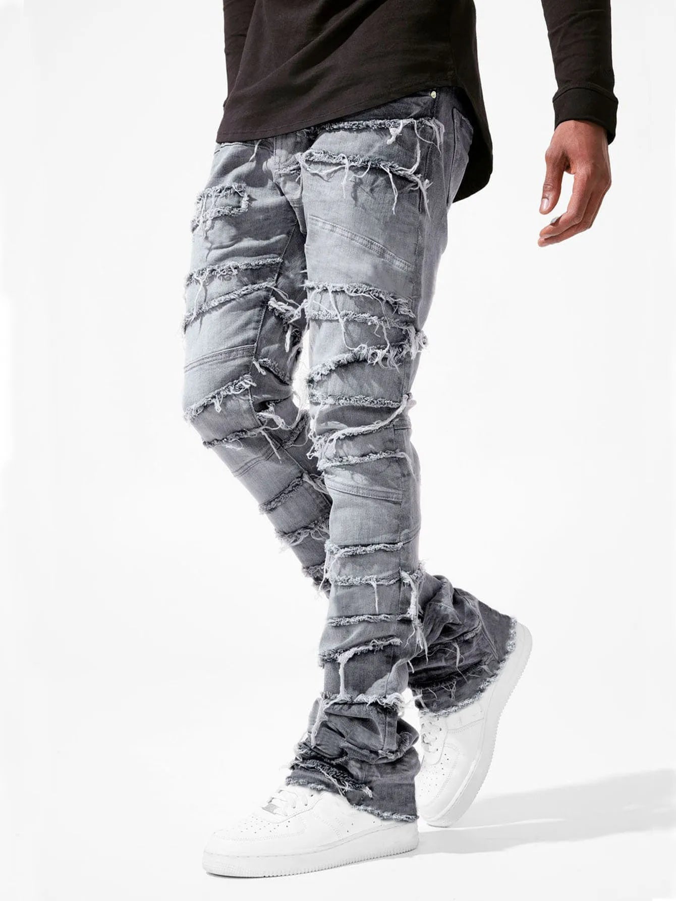 New Men's Patchwork Denim Pants Stacked Jeans Ripped Washed Frayed Pants Vintage Street Style Slim Fit Straight Trousers for Men