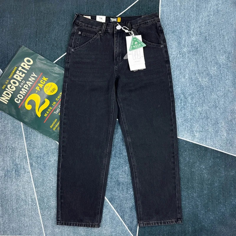 90% Cotton Black Jeans for Men Straight-leg Denim Pants Japanese Washed Retro Loose-fit Spring and Fall Trendy Minimalist Style