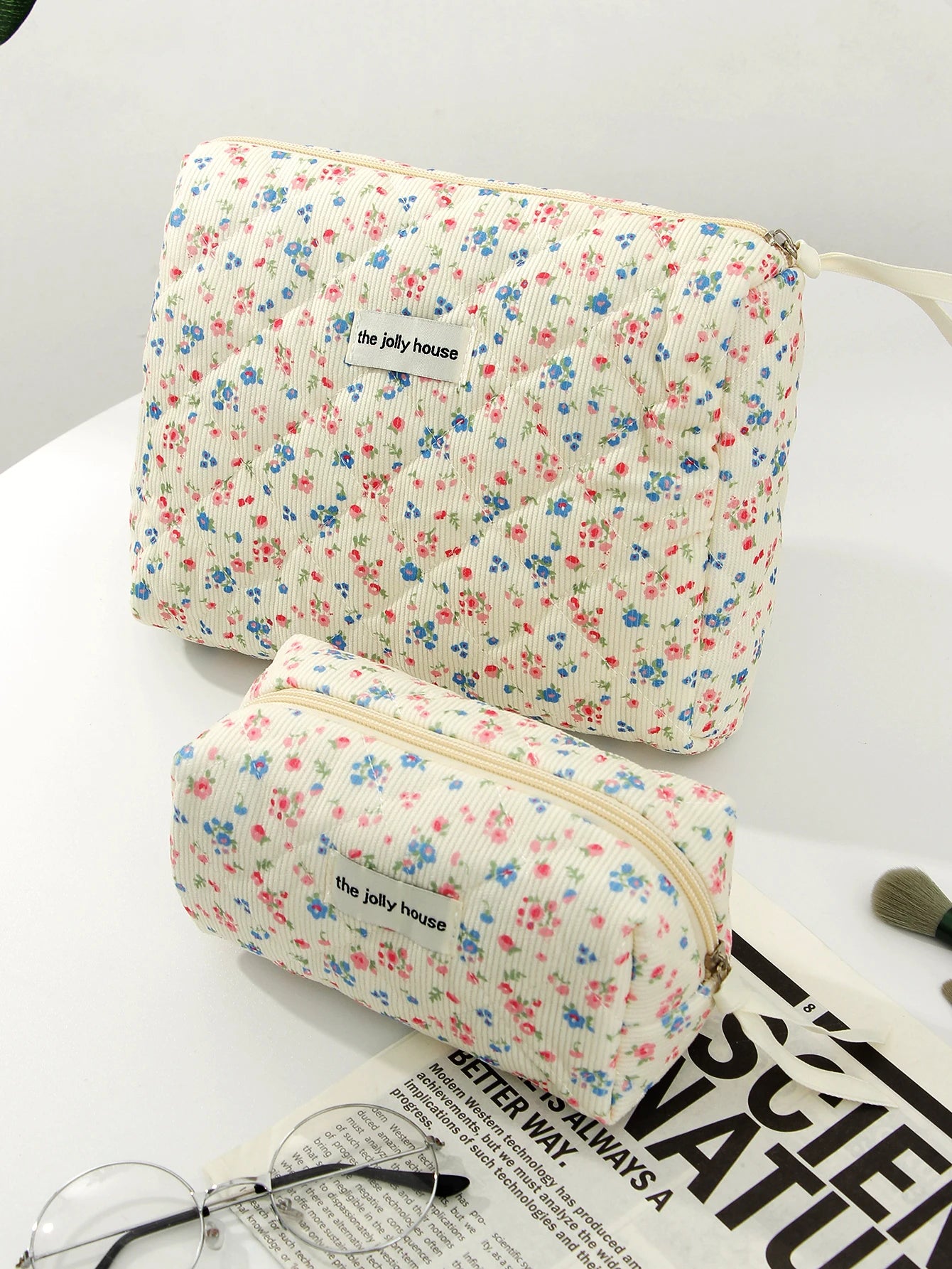 1pc/set Corduroy Quilted Makeup Bag, Floral Makeup Bag, Makeup Toiletries Storage Bag, Fashion Portable Makeup Bag