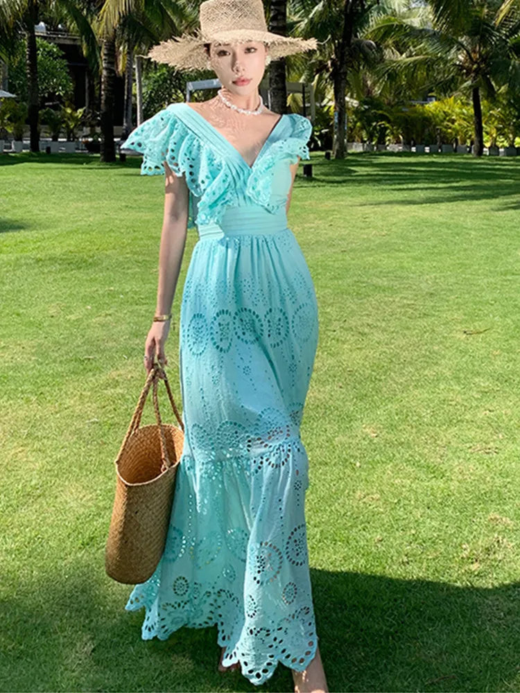 SMTHMA High Quality Hollow Out Embroidery Long Dress Women Sexy Deep V-Neck Ruffle Elegant Summer Dresses Female Clothing