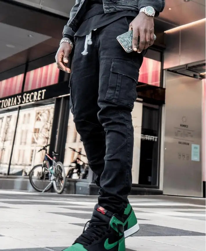 Jeans Men Black Cargo Pants Multi Pockets Denim Pantalones Blue Slim Fit  Overol Hombre Fashion Casual Streetwear Trousers 3XL