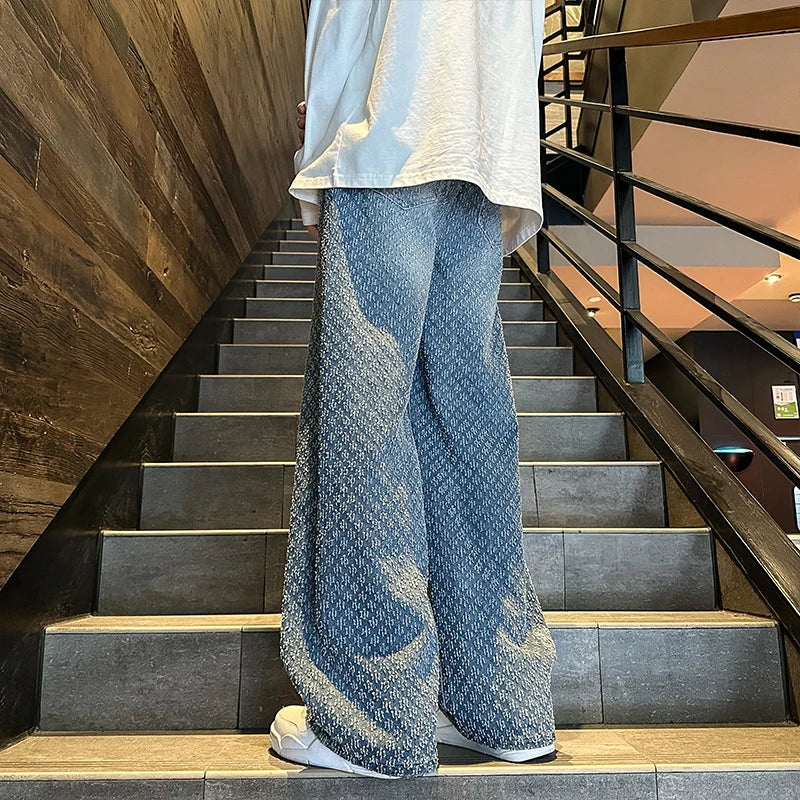 Jeans pour hommes, mode 2024, pantalon en denim à motif jacquard, coupe droite, pantalon ample, jean large et vieilli pour hommes