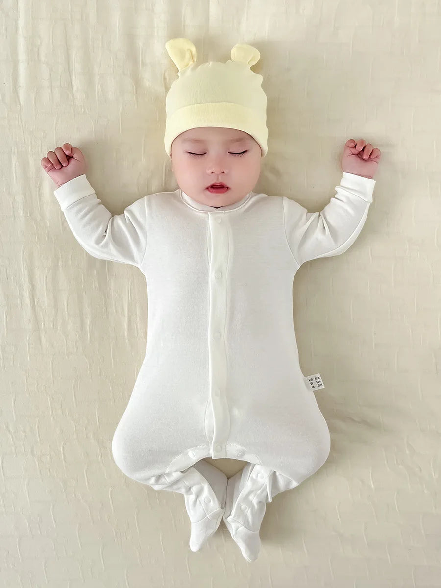 Newborn Baby Long Sleeved Solid Color Long Crawling Jumpsuit Spring Autumn Cotton Footed Infant Boys Rompers 0-1Y Boys Bodysuit