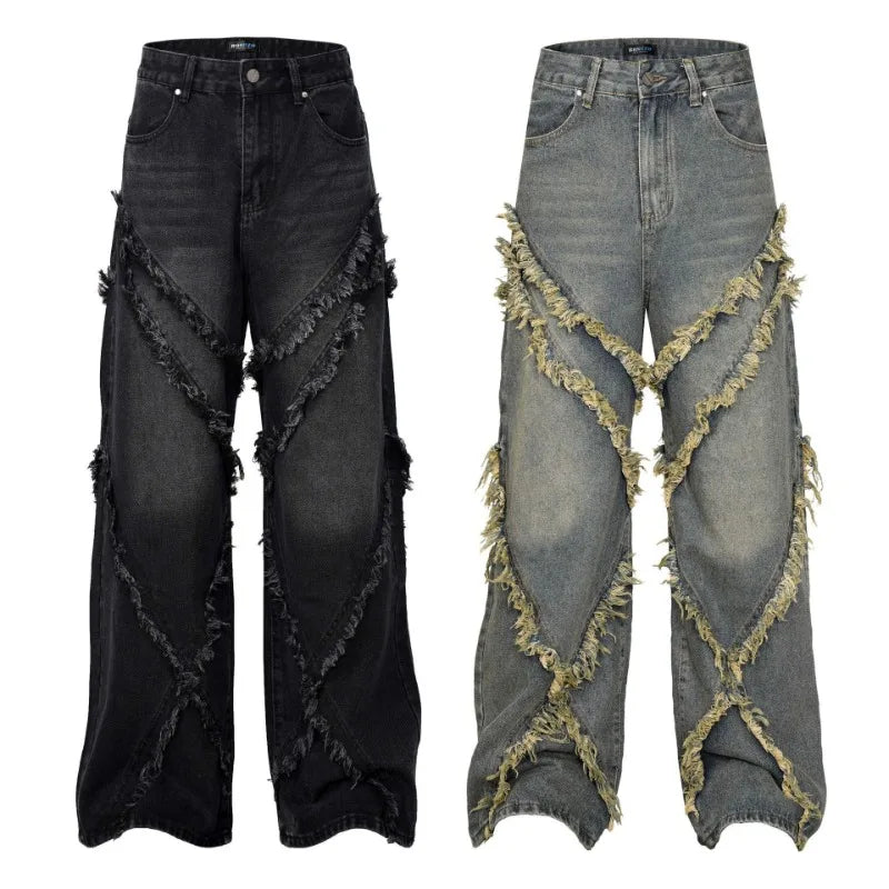 Raw Edges Black Jeans Men Clothing Fashion Street Harajuku Hip Hop Vintage Jeans for Men Casual Versatile Pants Baggy Jeans