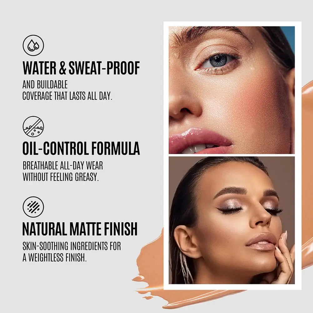 Professional Makeup Kit Natural Matte Long-Lasting Liquid Foundation+Flat Top Brush &Sponge Full Coverage 24H Lightweight Makeup