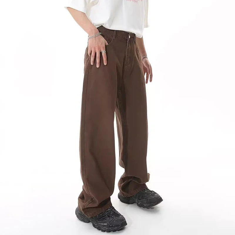 2024 Men Popular High Waist Straight Leg Jeans Male Simple Draping Wide Leg Denim Pants Brand Green Coffee Street Denim Trousers