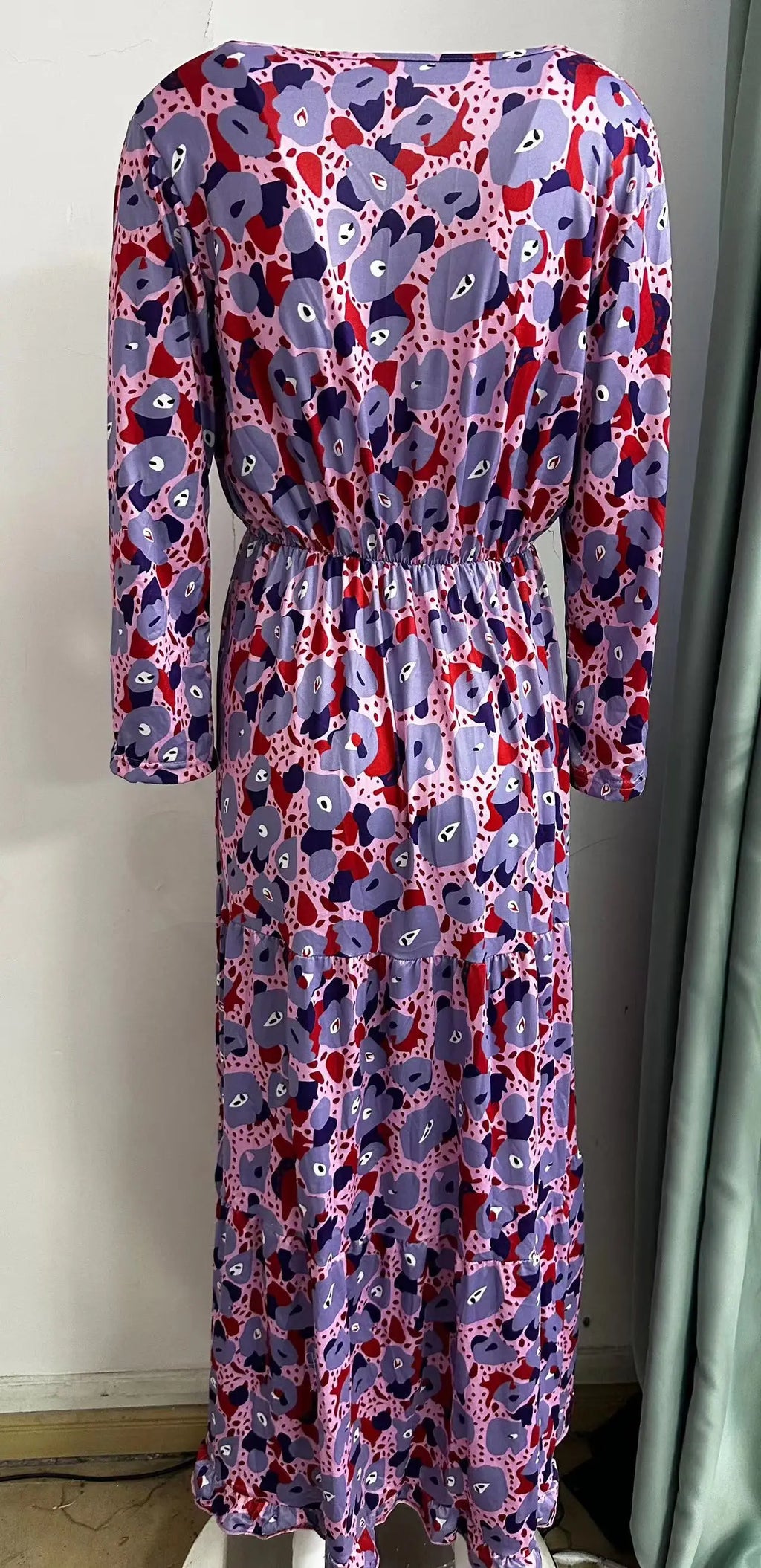 Women's Clothing Temperament Vacation Sexy V-neck Fashionable Printed Lace Up Seven Quarter Sleeve Large Swing Long Dress