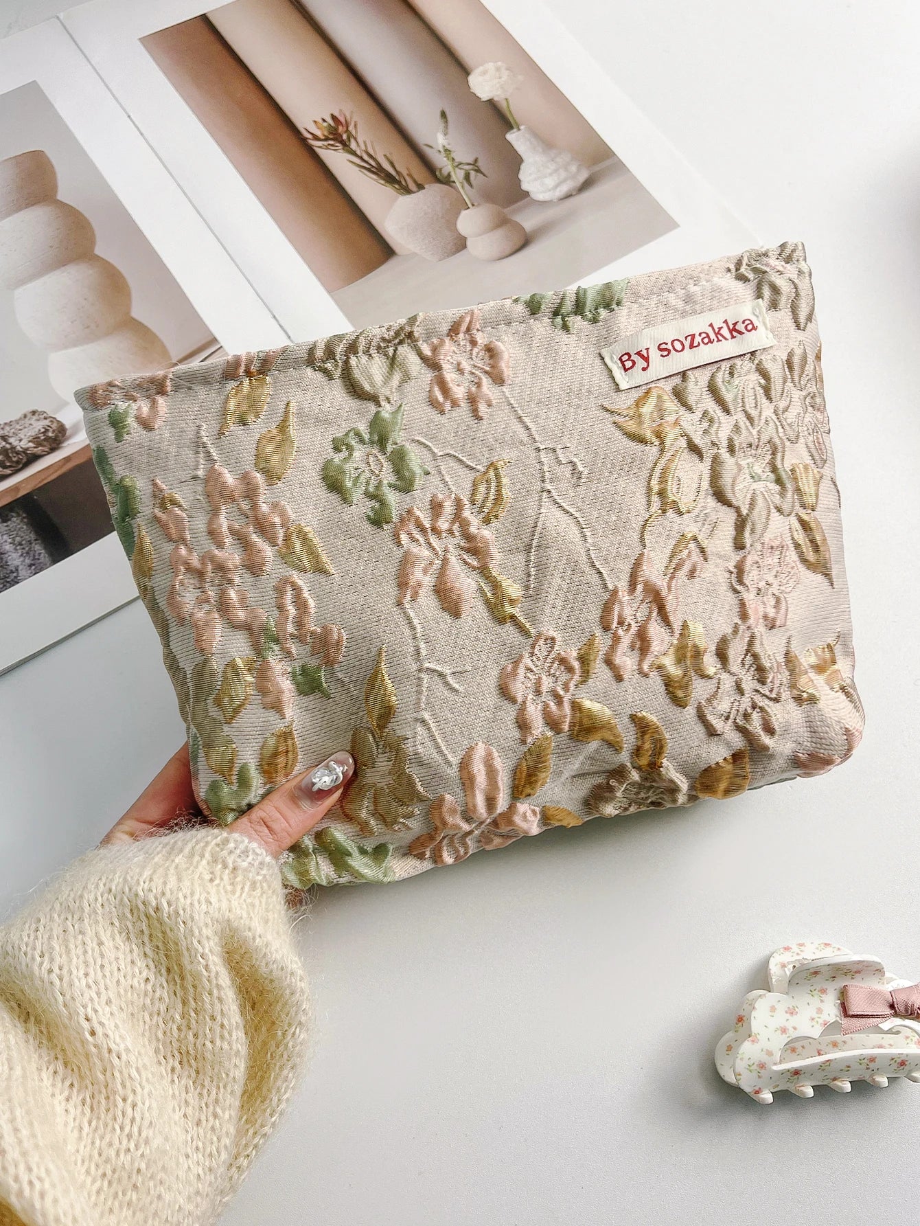 1pc/set jacquard makeup bag, cute floral makeup  bag, holiday gift clutch makeup bag, makeup storage bag