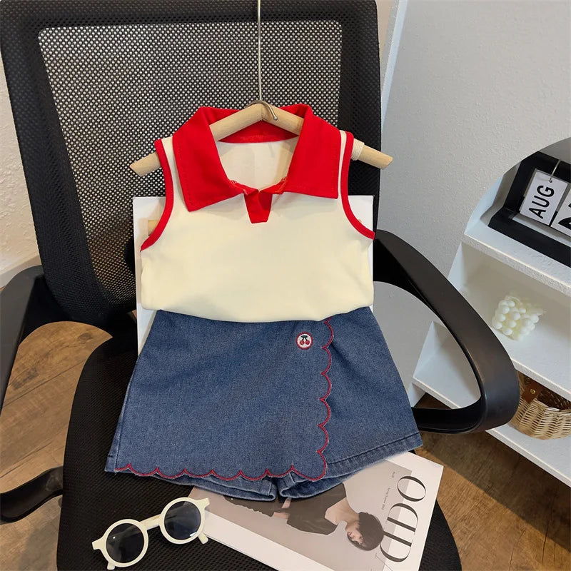 Children's Clothing Sets Lapel Sleeveless Top + Flip Cherry Embroidered Denim Shorts 2pcs Girls Clothes Set 2 To 7 Years