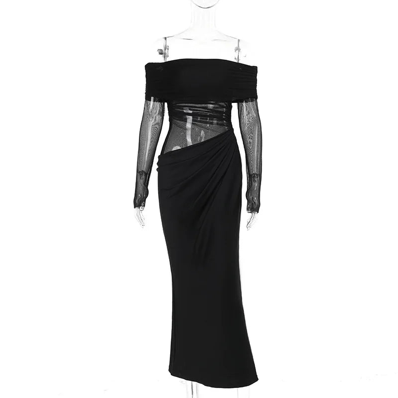 Tuularose Sexy Mesh Hollow Long Dress Women's Sexy One Shoulder Long Sleeve Patchwork Resort Dress Summer Party Evening Dress