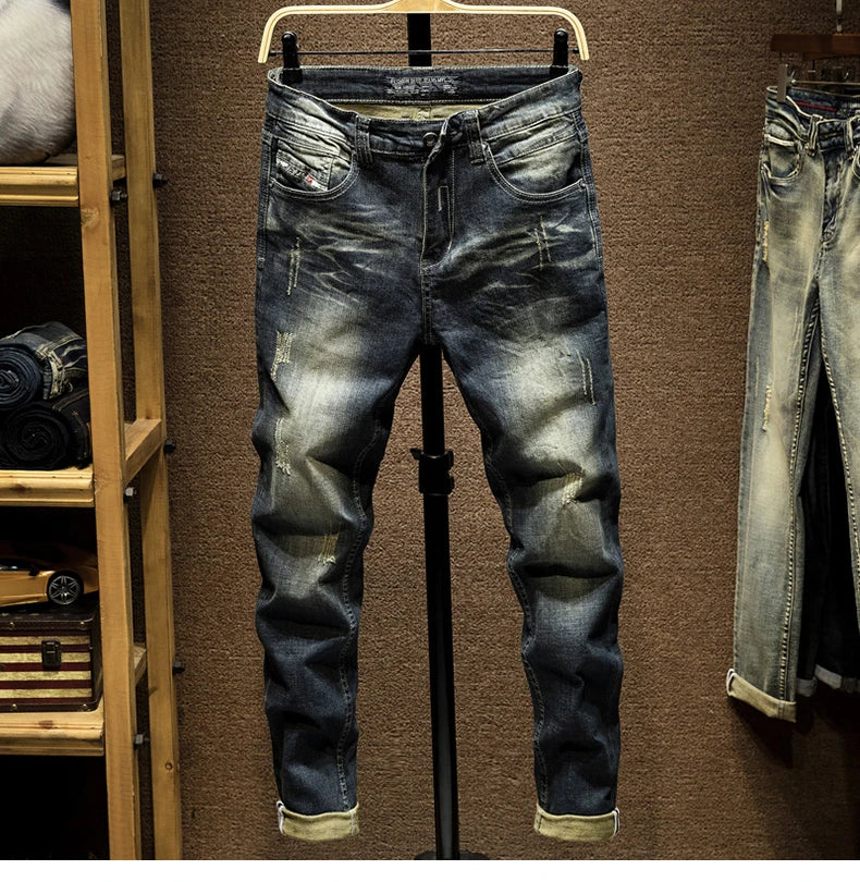 Jeans Mens Denim Pants Slim Fit Retro Stretch 2024 Spring and Autumn Trousers for Man Streetwear Moto Biker Jeans High Quality
