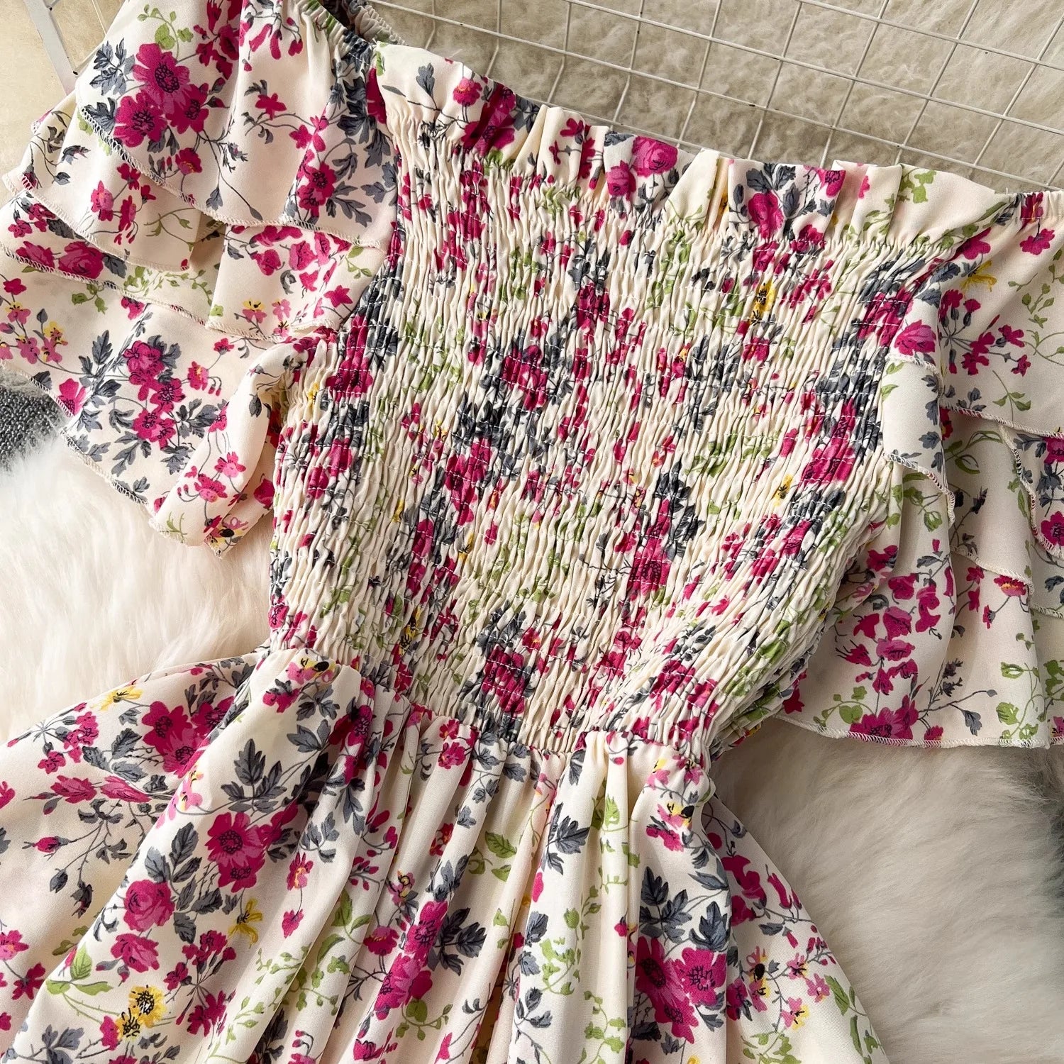 YuooMuoo Vacation Fashion Flower Print Chiffon Summer Dress Sexy Off Shoulders Elastic Waist Big Swing Long Dress Beach Vestidos
