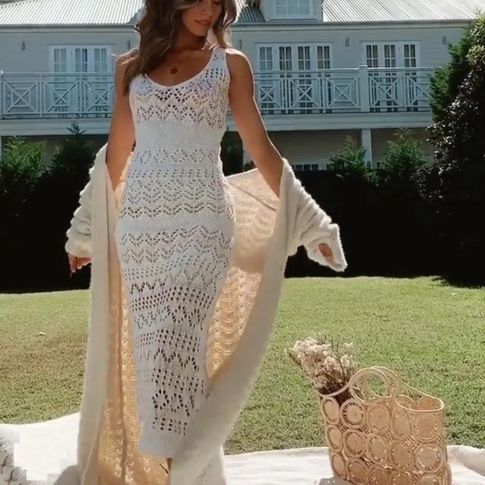 Semi Sheer Crochet Knit Maxi Dress Women Sleeveless Open-knit Bodycon Long Dress Summer Vacation Beach Wear