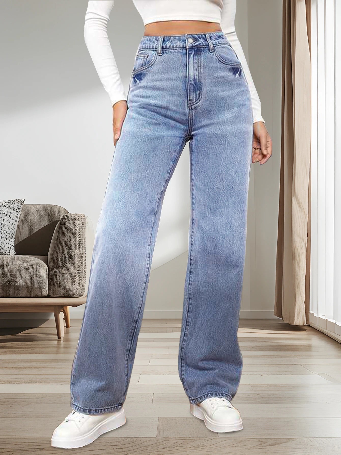 Women's classic washed jeans, slightly elastic, loose straight-leg wide-leg jeans, casual and versatile jeans for going out