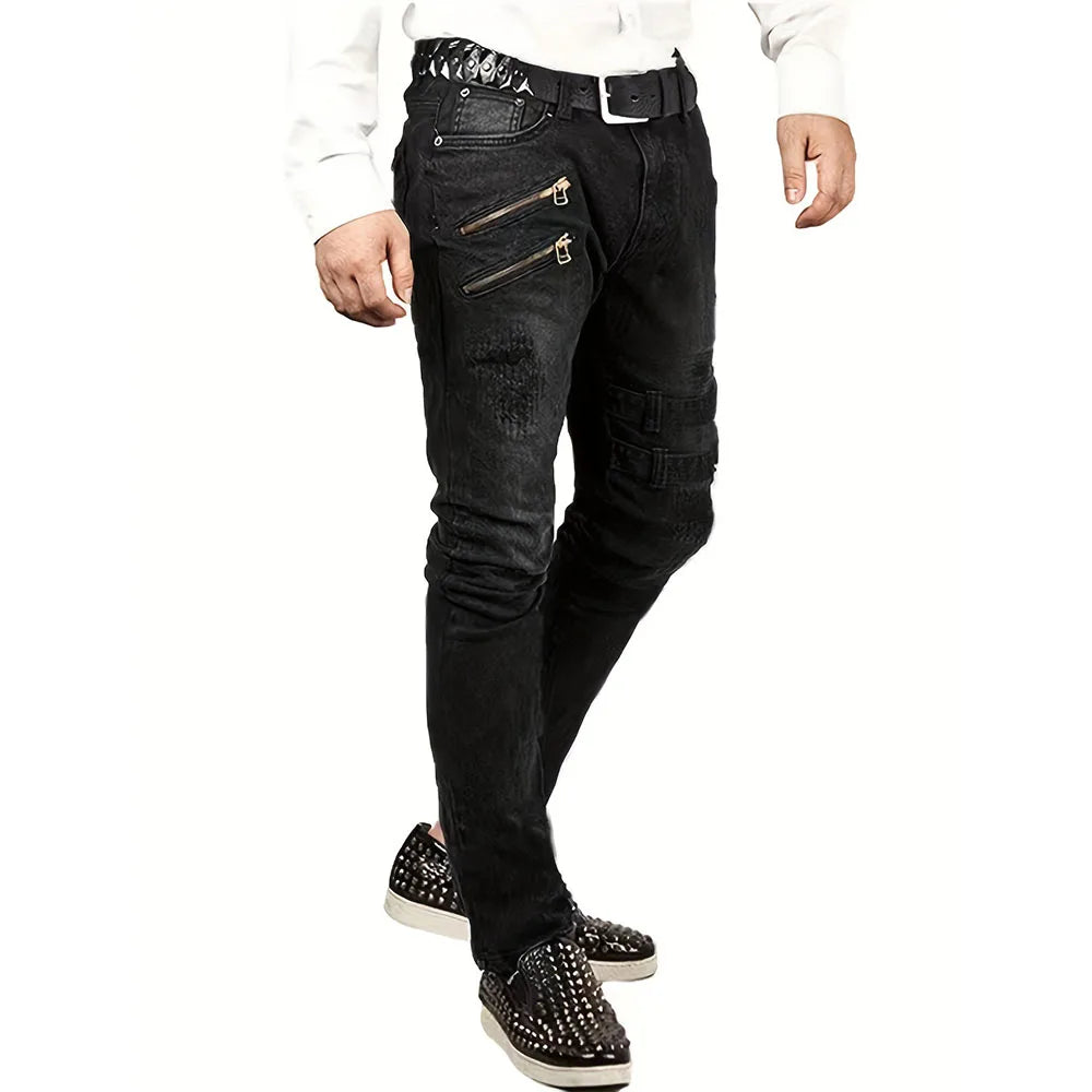 Men New Slim Jeans Male Pants Spring Autumn Elastic Feet Jean Streetwear Mens Skinny Zips Biker Cacual Long Denim Trousers