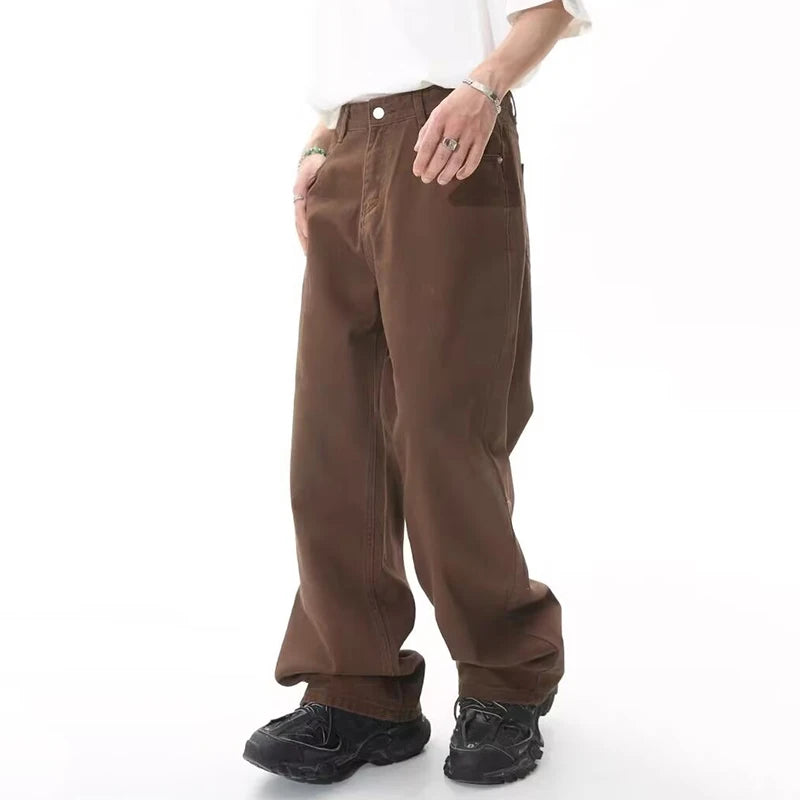 2024 Men Popular High Waist Straight Leg Jeans Male Simple Draping Wide Leg Denim Pants Brand Green Coffee Street Denim Trousers