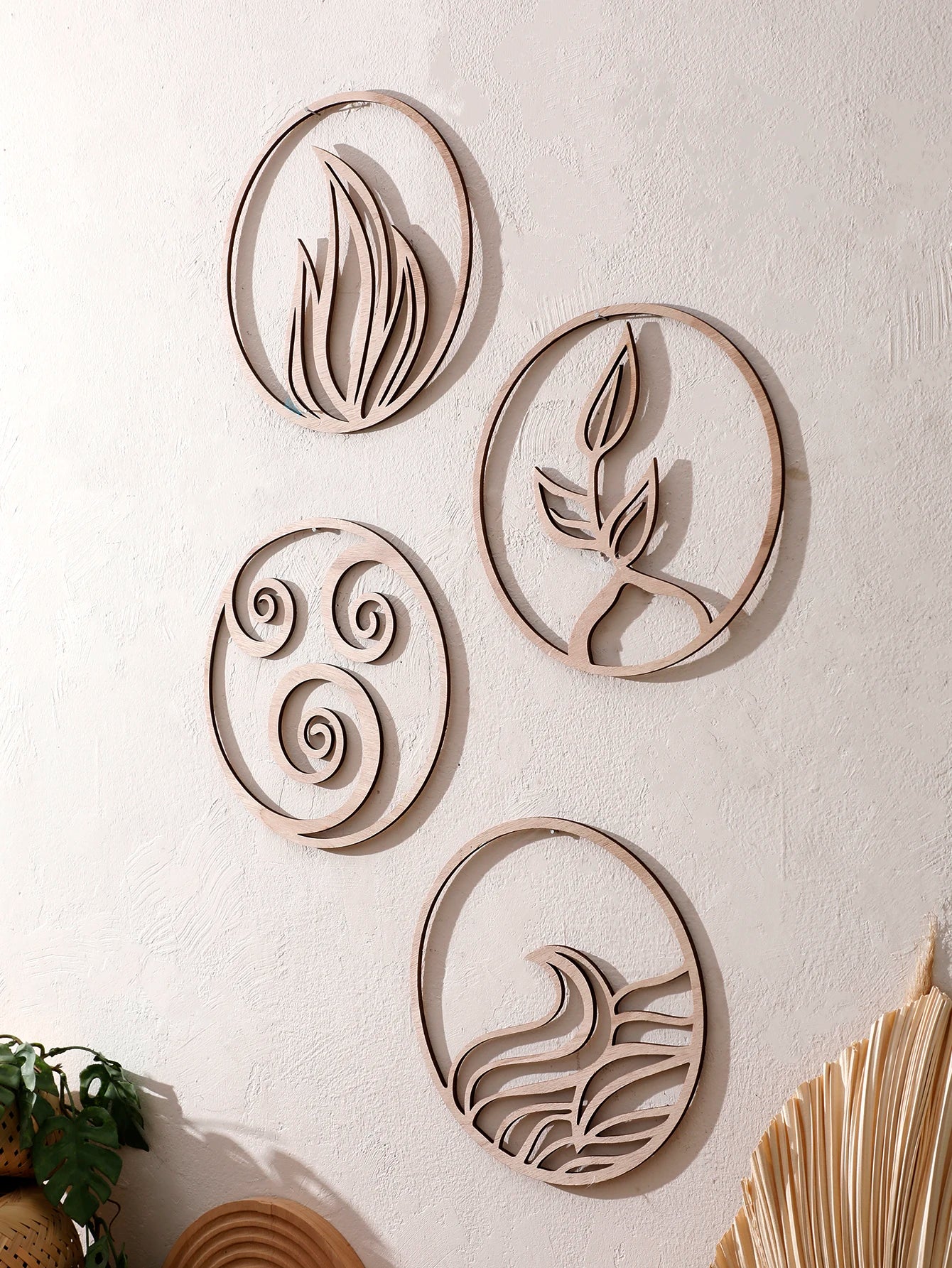 Décoration murale en bois naturel - Éléments de design (feu, eau, terre, air) Décoration murale suspendue en bois Accent mural bohème
