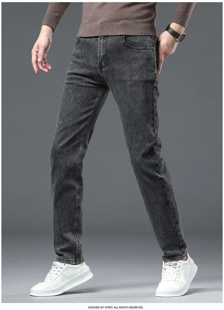 2025 Spring New Men's Straight Jeans Elastic Pant Classic Smoke Gray Casual Wear Mid Waist Casual Trousers Black Male Brand