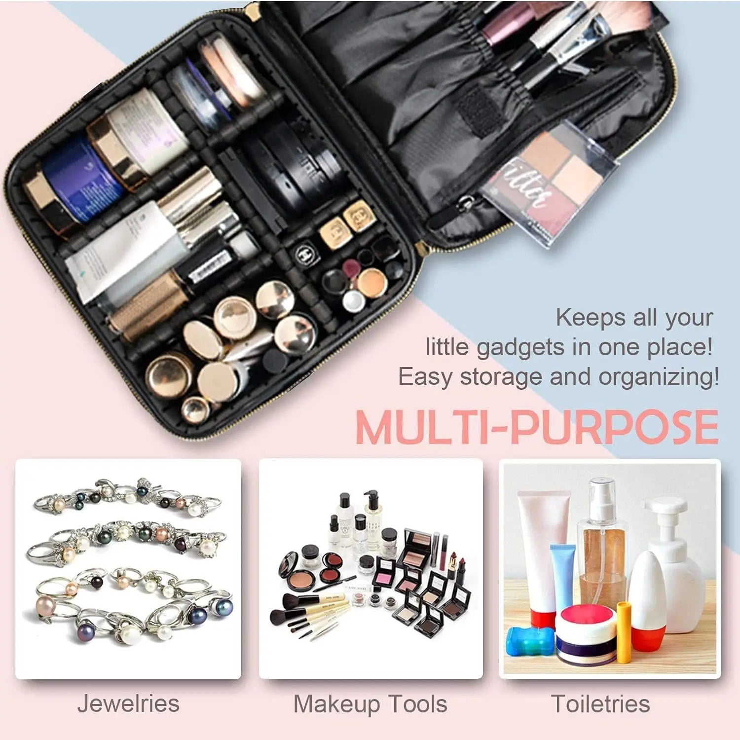 Makeup Train Case Makeup Bag Cosmetic Case With Adjustable Dividers For Cosmetics Makeup Brushes Pink Travel Makeup Case