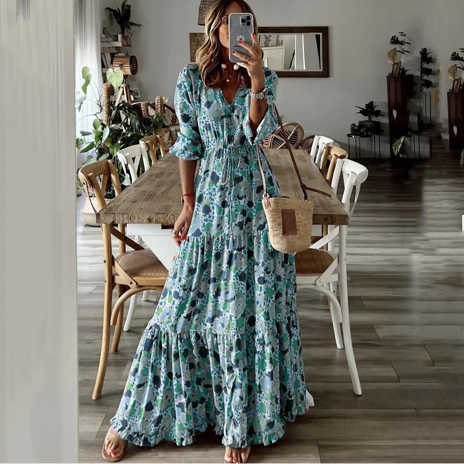 Women's Clothing Temperament Vacation Sexy V-neck Fashionable Printed Lace Up Seven Quarter Sleeve Large Swing Long Dress