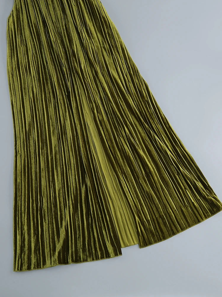 Sexy Sleeveless V Neck Hollow Out Long Dress Women Green Straps Backless High Waist Pleated Split Maxi Dress Party Evening Dres