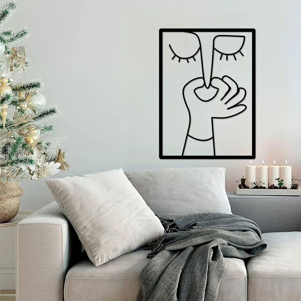 Décoration murale en métal pour toilettes : portrait amusant avec un design minimaliste en forme de ligne, utilisé comme panneau de salle de bain et décoration de toilettes