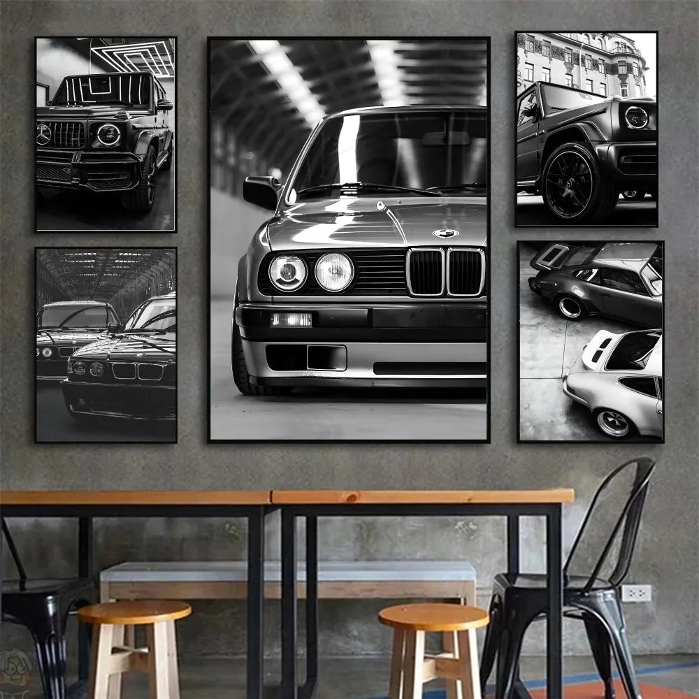 Affiche de voiture de luxe en noir et blanc, décoration murale moderne et tendance, affiche HD, décoration pour la maison, le bar, le café, peinture murale