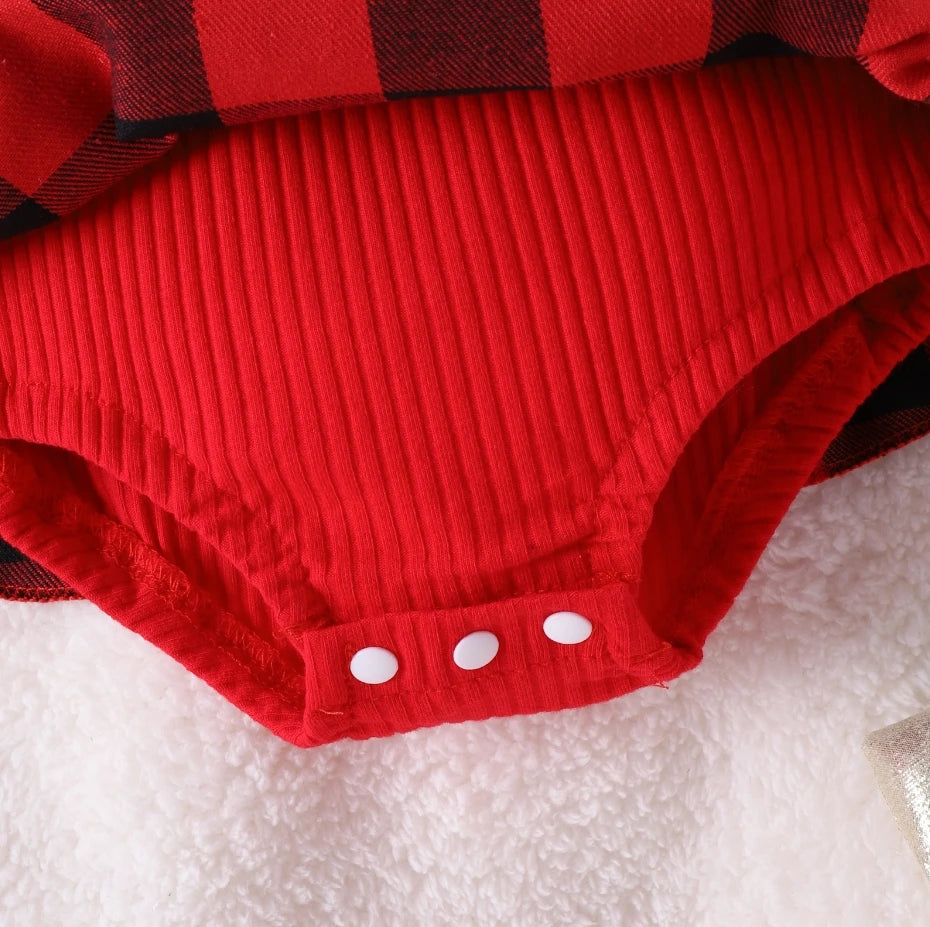 Newborn Baby Girl Christmas Romper Dress Ruffle Long Sleeve Plaid Jumpsuit Skirts Hem Bodysuit with Headband Outfit