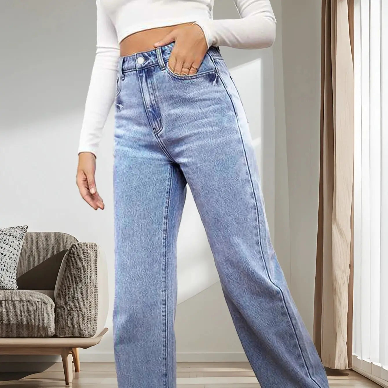 Women's classic washed jeans, slightly elastic, loose straight-leg wide-leg jeans, casual and versatile jeans for going out