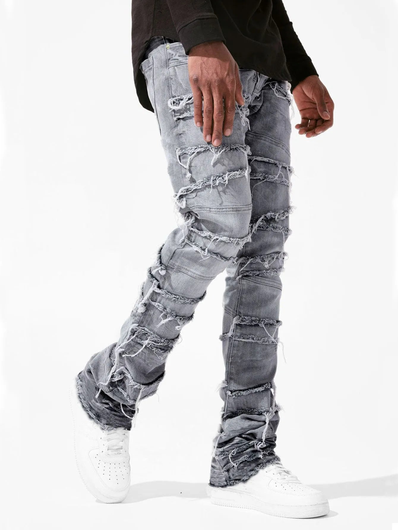 New Men's Patchwork Denim Pants Stacked Jeans Ripped Washed Frayed Pants Vintage Street Style Slim Fit Straight Trousers for Men