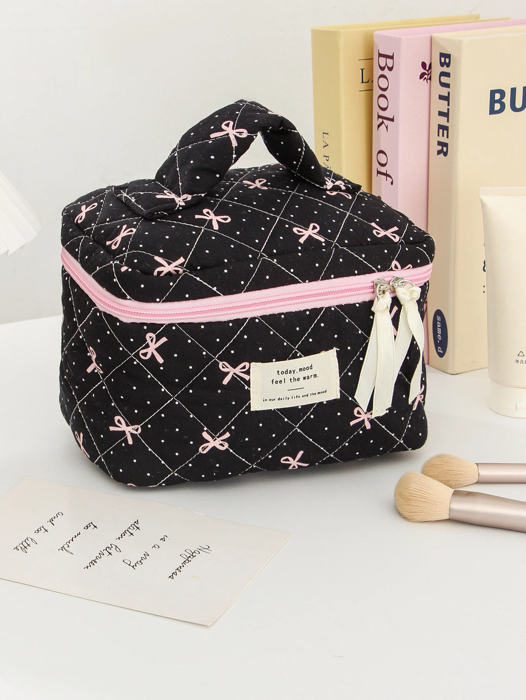 1pc/set Bow Quilted Makeup Bag, Multifunctional Portable Makeup Bag, Holiday Gift Makeup Bag, Travel Essential Makeup Bag