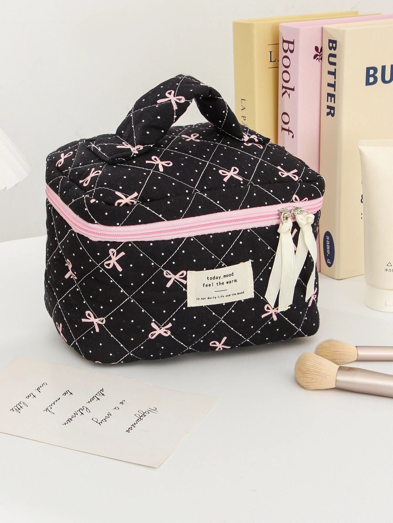 1pc/set Bow Quilted Makeup Bag, Multifunctional Portable Makeup Bag, Holiday Gift Makeup Bag, Travel Essential Makeup Bag