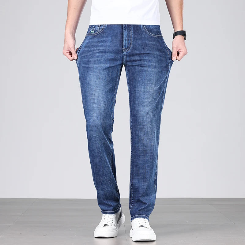 Men's Ultra-thin Stretch Casual Jeans New for Summer Business Fashion Straight Baggy Denim Trousers Blue Classic Style Male