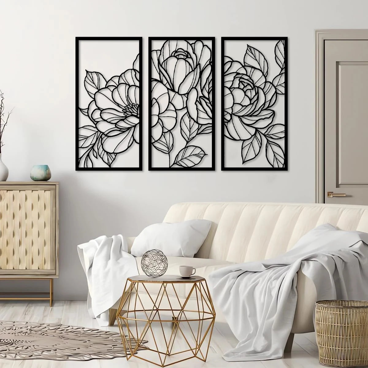 Décoration murale minimaliste en bois avec fleurs dorées et motif floral, art mural moderne abstrait, dessin au trait, 3 pièces à suspendre