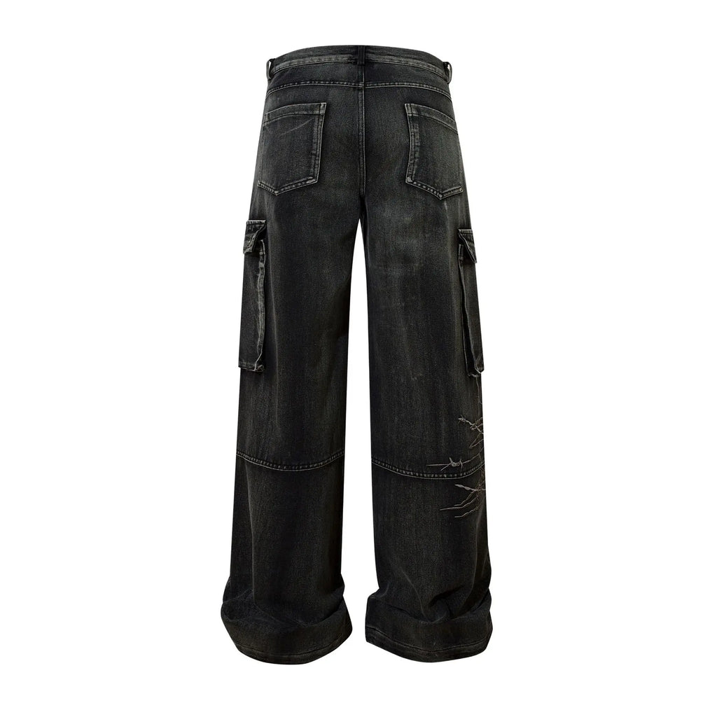 Trendy Brand American Retro Tooling Jeans Mens High Street Heavy Industry Embroidery Loose Wide-leg Trousers