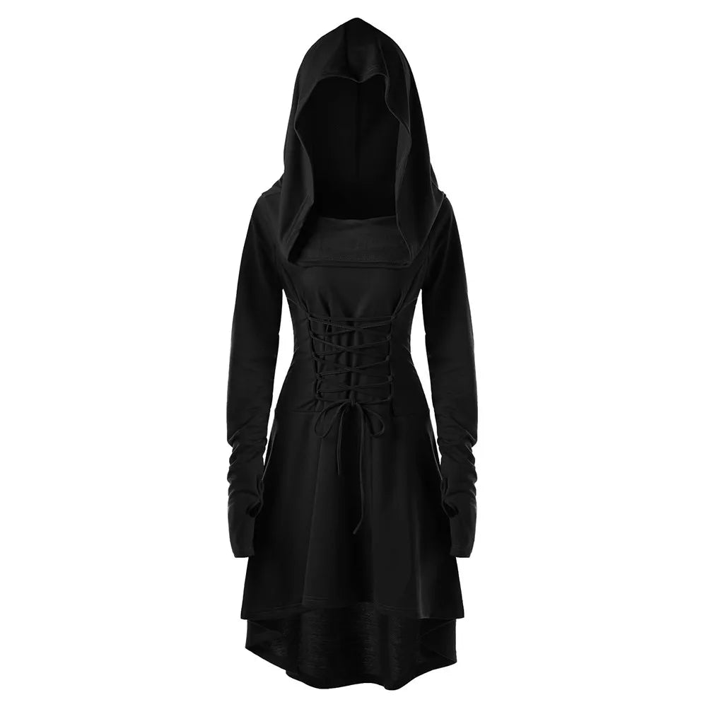 Vintage Women Cosplay Costume Medieval Lace Up Hooded Pullover For Women Victorian Casual High Low Bandage Long Dress Cloak